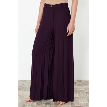 Kadın Yeni Moda Geniş Paça Uzun Boy Dokuma Palazzo Extra Geniş Paça Pileli Pantolon