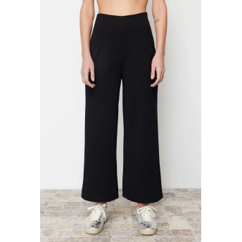 Kadın Yeni Moda Geniş Paça Regular Boy Örme Culotte Fit Kesik Detaylı Yüksek Bel Pantolon