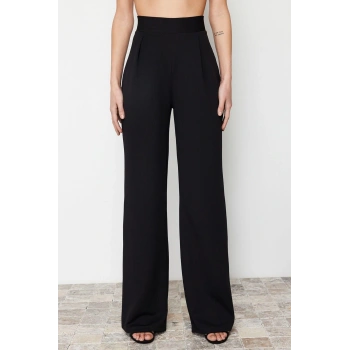 Kadın Yeni Moda Geniş Paça Regular Boy Örme Pileli Wide Leg Rahat Kesim Örme Palazzo Pantolon