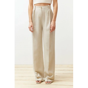 Kadın Yeni Moda Geniş Paça Regular Boy Dokuma Nervürlü Wide Leg Geniş Paça Pamuk Keten Pantolon