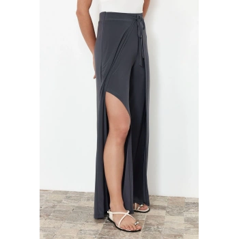 Kadın Yeni Moda Geniş Paça Uzun Boy Örme Bağlama Detaylı Yırtmaçlı Esnek Pantolon