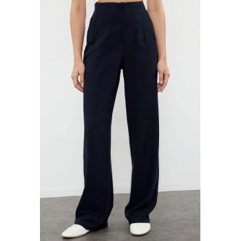 Kadın Yeni Moda Geniş Paça Regular Boy Dokuma Keten Görünümlüwide Leg Geniş Paça Yüksek Bel Pantolon