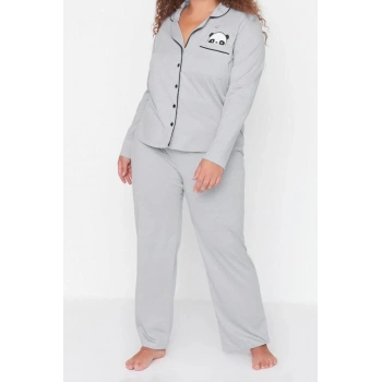 Kadın Moda Şık Büyük Beden Gömlek Yaka Geniş Paça Uzun Kol Panda Baskılı Örme Pijama Takımı