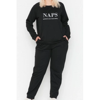 Kadın Moda Şık Büyük Beden Bisiklet Yaka Lastikli Paça Uzun Kol Baskılı Pamuklu Örme Pijama Takımı