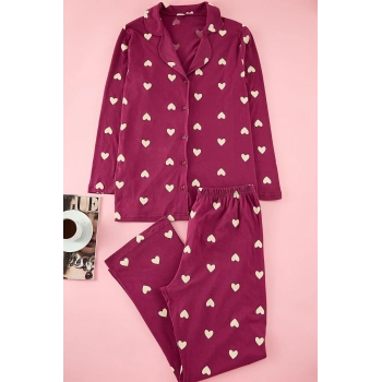 Kadın Moda Şık Büyük Beden Gömlek Yaka Geniş Paça Uzun Kol Vişne Kalpli Örme Pijama Takımı