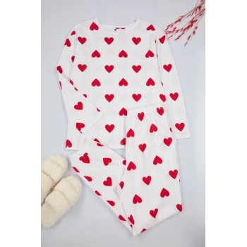 Kadın Moda Şık Büyük Beden Bisiklet Yaka Dar Paça Uzun Kol Kalpli T-shirt-Jogger Örme Pijama Takımı