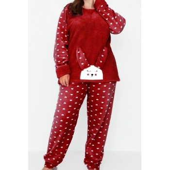 Kadın Moda Şık Büyük Beden Bisiklet Yaka Dar Paça Uzun Kol Kalpli Polar Örme Pijama Takımı