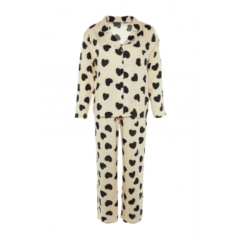 Kadın Moda Şık Büyük Beden Gömlek Yaka Boru Paça Uzun Kol Kalpli Dokuma Pijama Takımı