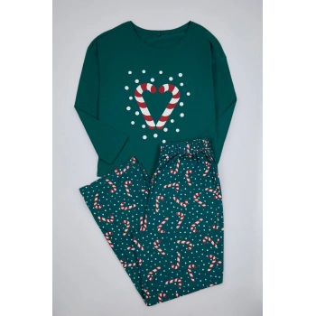 Kadın Moda Şık Büyük Beden Bisiklet Yaka Geniş Paça Uzun Kol Yılbaşı Temalı Örme Pijama Takımı