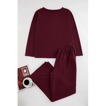 Kadın Moda Şık Büyük Beden Bisiklet Yaka Geniş Paça Uzun Kol Paçaları Yırtmaçlı Örme Pijama Takımı