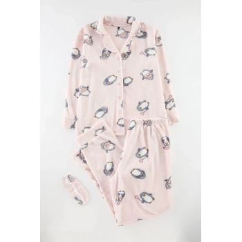 Kadın Moda Şık Büyük Beden Gömlek Yaka Boru Paça Uzun Kol Penguen Desenli Örme Pijama Takımı