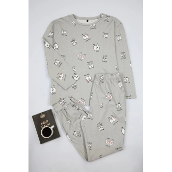 Kadın Moda Büyük Beden Bisiklet Yaka Dar Paça Uzun Kol Göz Desenli T-shirt-Jogger Örme Pijama Takımı