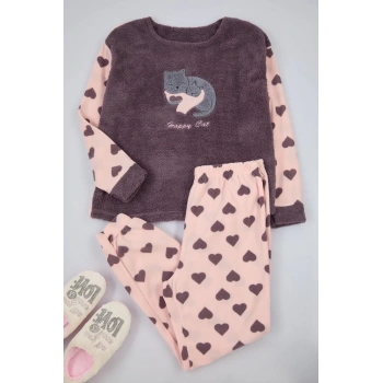 Kadın Moda Büyük Beden Bisiklet Yaka Boru Paça Uzun Kol Kalpli Uyku Bantlı Polar Örme Pijama Takımı