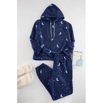 Kadın Moda Şık Büyük Beden Kapüşonlu Lastikli Paça Uzun Kol Galaksi Desenli Polar Örme Pijama Takımı