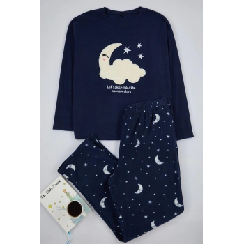 Kadın Moda Şık Büyük Beden Bisiklet Yaka Boru Paça Uzun Kol Galaksi Desenli Polar Örme Pijama Takımı