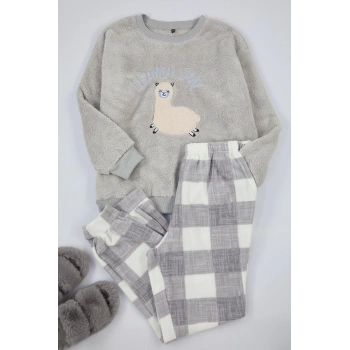 Kadın Moda Büyük Beden Bisiklet Yaka Lastikli Paça Uzun Kol Wellsoft Lama Desenli Örme Pijama Takımı