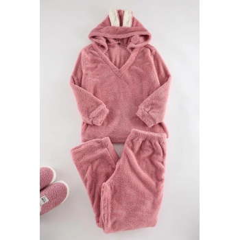 Kadın Moda Büyük Beden Kapüşonlu Boru Paça Uzun Kol Wellsoft Peluş Kulak Detaylı Örme Pijama Takımı