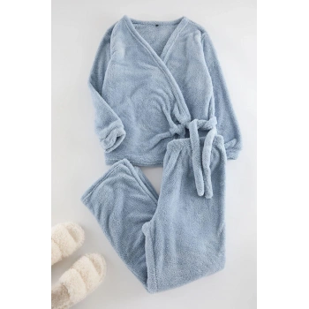 Kadın Moda Şık Büyük Beden Kruvaze Boru Paça Uzun Kol Yaka Wellsoft Peluş Örme Pijama Takımı