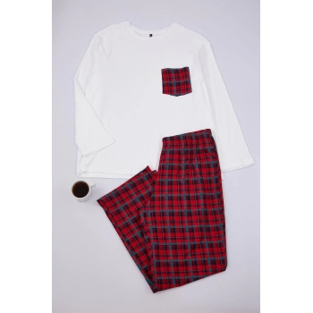 Kadın Moda Büyük Beden Bisiklet Yaka Boru Paça Uzun Kol Ekoseli Tshirt-Pantolon Örme Pijama Takımı