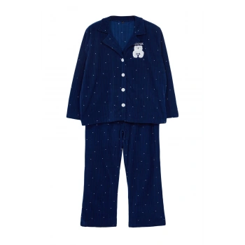 Kadın Moda Şık Büyük Beden Gömlek Yaka Boru Paça Uzun Kol Puantiyeli Örme Pijama Takımı