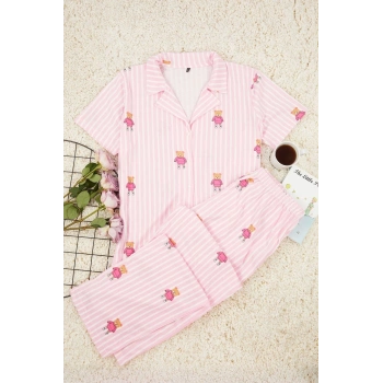 Kadın Moda Şık Büyük Beden Gömlek Yaka Boru Paça Kısa Kol Çizgili Ayıcık Desenli Örme Pijama Takımı