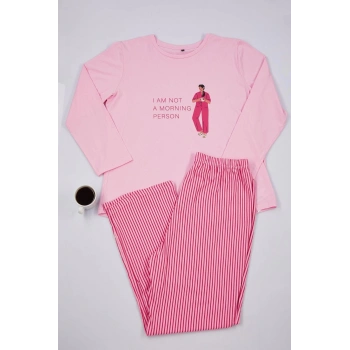 Kadın Moda Şık Büyük Beden Bisiklet Yaka Boru Paça Uzun Kol Çizgili Örme Pijama Takımı