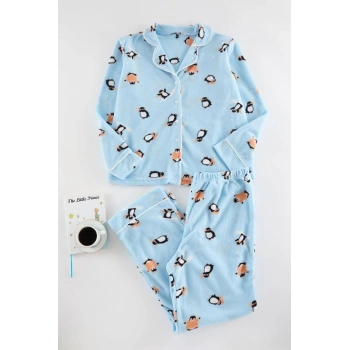 Kadın Moda Şık Büyük Beden Gömlek Yaka Boru Paça Uzun Kol Penguen Desenli Örme Pijama Takımı