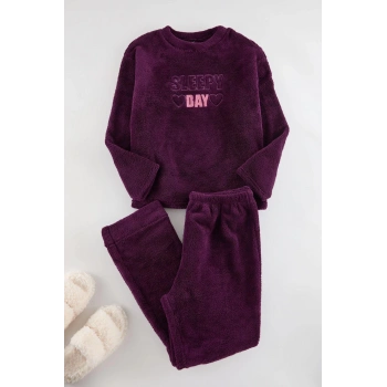 Kadın Moda Büyük Beden Bisiklet Yaka Dar Paça Uzun Kol Mor Kalpli Peluş Wellsoft Örme Pijama Takımı