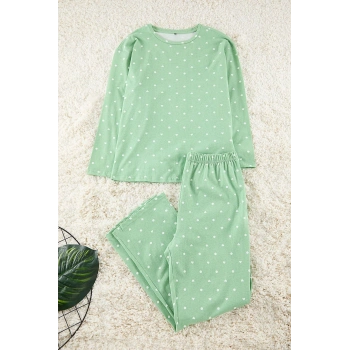 Kadın Moda Büyük Beden Bisiklet Yaka Boru Paça Uzun Kol Kalp ve Puantiye Desenli Örme Pijama Takımı