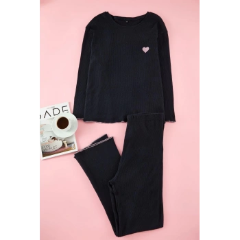 Kadın Moda Şık Büyük Beden Bisiklet Yaka Boru Paça Uzun Kol Fitilli Baskılı Örme Pijama Takımı