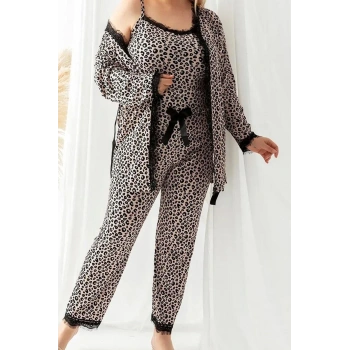 Kadın Büyük Beden Boru Paça Askılı Kol Leopar Desenli 3lü Paket Dantelli Örme Pijama Takımı