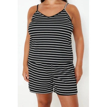 Kadın Moda Şık Büyük Beden U Yaka Boru Paça Askılı Kol Çizgili İnce Asklı Örme Pijama Takımı