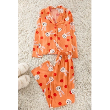 Kadın Moda Şık Gömlek Yaka Boru Paça Uzun Kol Tavşan Desenli Viskon Dokuma Pijama Takımı
