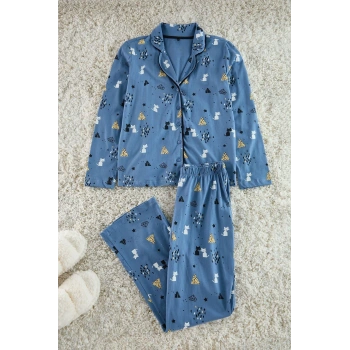 Kadın Moda Şık Gömlek Yaka Boru Paça Uzun Kol %100 Pamuklu Desenli Örme Pijama Takımı