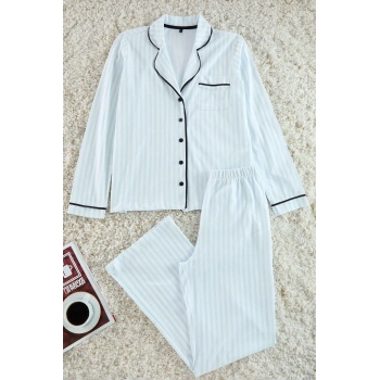 Kadın Moda Şık Gömlek Yaka Geniş Paça Uzun Kol %100 Pamuklu Çizgili Biyeli Örme Pijama Takımı