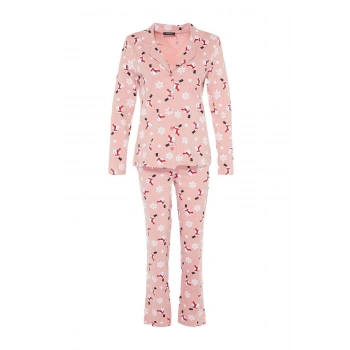 Kadın Moda Şık Gömlek Yaka Boru Paça Uzun Kol %100 Pamuk Yılbaşı Temalı Örme Pijama Takımı
