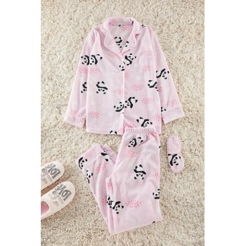 Kadın Moda Ceket Yaka Boru Paça Uzun Kol Panda Desenli Uyku Bantlı Polar Kışlık Örme Pijama Takımı