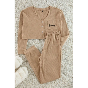 Kadın Moda Şık V Yaka Boru Paça Uzun Kol Fitilli Pamuklu Nakışlı Örme Pijama Takımı
