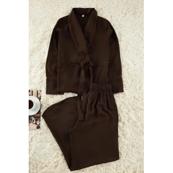 Kadın Moda Şık Kruvaze Boru Paça Uzun Kol Kuşaklı Biyeli Viskon Dokuma Pijama Takımı
