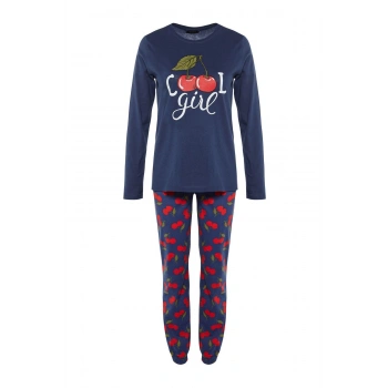 Kadın Moda Şık Bisiklet Yaka Boru Paça Uzun Kol %100 Pamuklu Kiraz Baskılı Örme Pijama Takımı