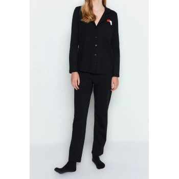 Kadın Moda Gömlek Yaka Boru Paça Uzun Kol Pamuklu Kalp Baskılı Gömlek-Pantolon Örme Pijama Takımı