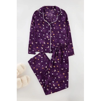 Kadın Moda Şık Gömlek Yaka Boru Paça Uzun Kol Galaksi Desenli Biyeli Viskon Dokuma Pijama Takımı