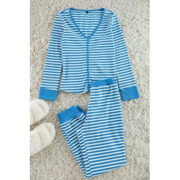 Kadın Moda V Yaka Lastikli Paça Uzun Kol Çizgili Manşet ve Biyeli Tshirt-Jogger Örme Pijama Takımı