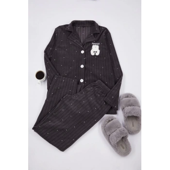 Kadın Moda Gömlek Yaka Boru Paça Uzun Kol Puantiyeli Hayvan Baskılı Polar Kışlık Örme Pijama Takımı