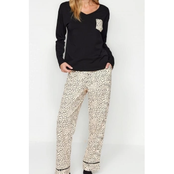 Kadın Moda V Yaka Boru Paça Uzun Kol %100 Pamuk Leopar Desenli Tshirt-Pantolon Örme Pijama Takımı