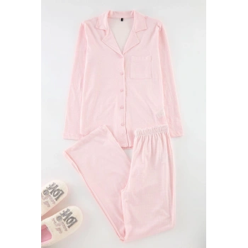 Kadın Moda Şık Gömlek Yaka Boru Paça Uzun Kol %100 Pamuklu Pötikareli Örme Pijama Takımı