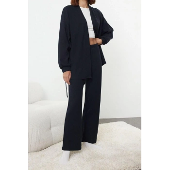 Kadın Moda Şık Şal Yaka Geniş Paça Uzun Kol Kuşaklı Waffle Kumaş Hamile Örme Pijama Takımı