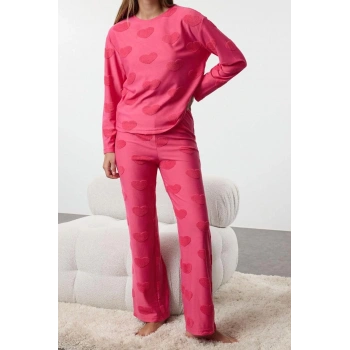 Kadın Moda Şık Bisiklet Yaka Boru Paça Uzun Kol Kalpli Örme Pijama Takımı