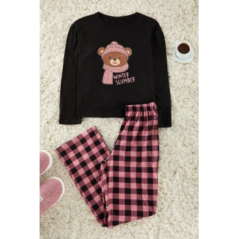 Kadın Moda Bisiklet Yaka Geniş Paça Uzun Kol %100 Pamuklu Ayıcık Baskılı Ekoseli Örme Pijama Takımı