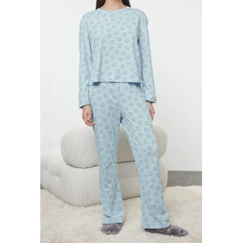 Kadın Moda Şık Bisiklet Yaka Geniş Paça Uzun Kol %100 Pamuklu Ayıcık Desenli Örme Pijama Takımı